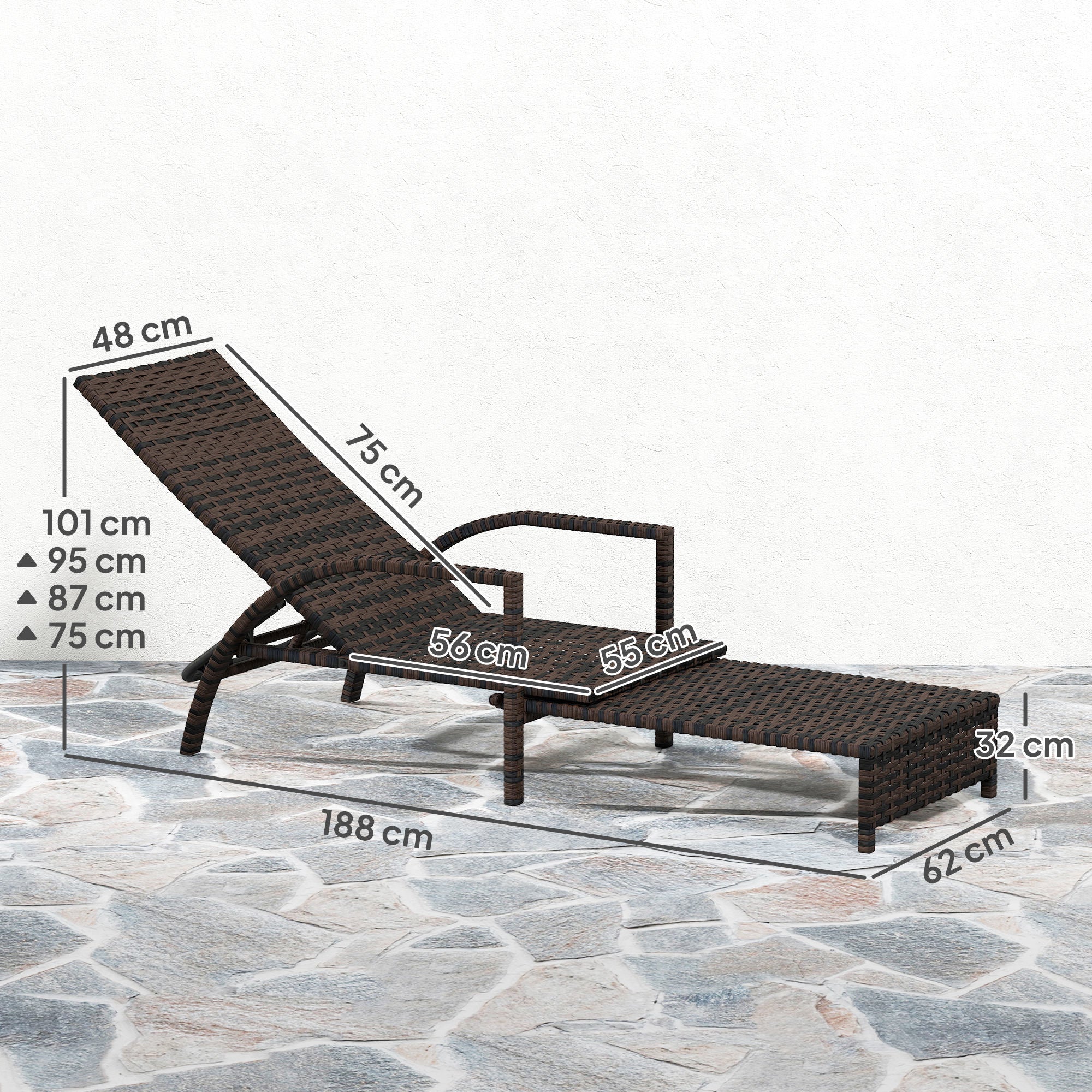 Outsunny Reclining Rattan Lounger, with Extending Footrest - Brown