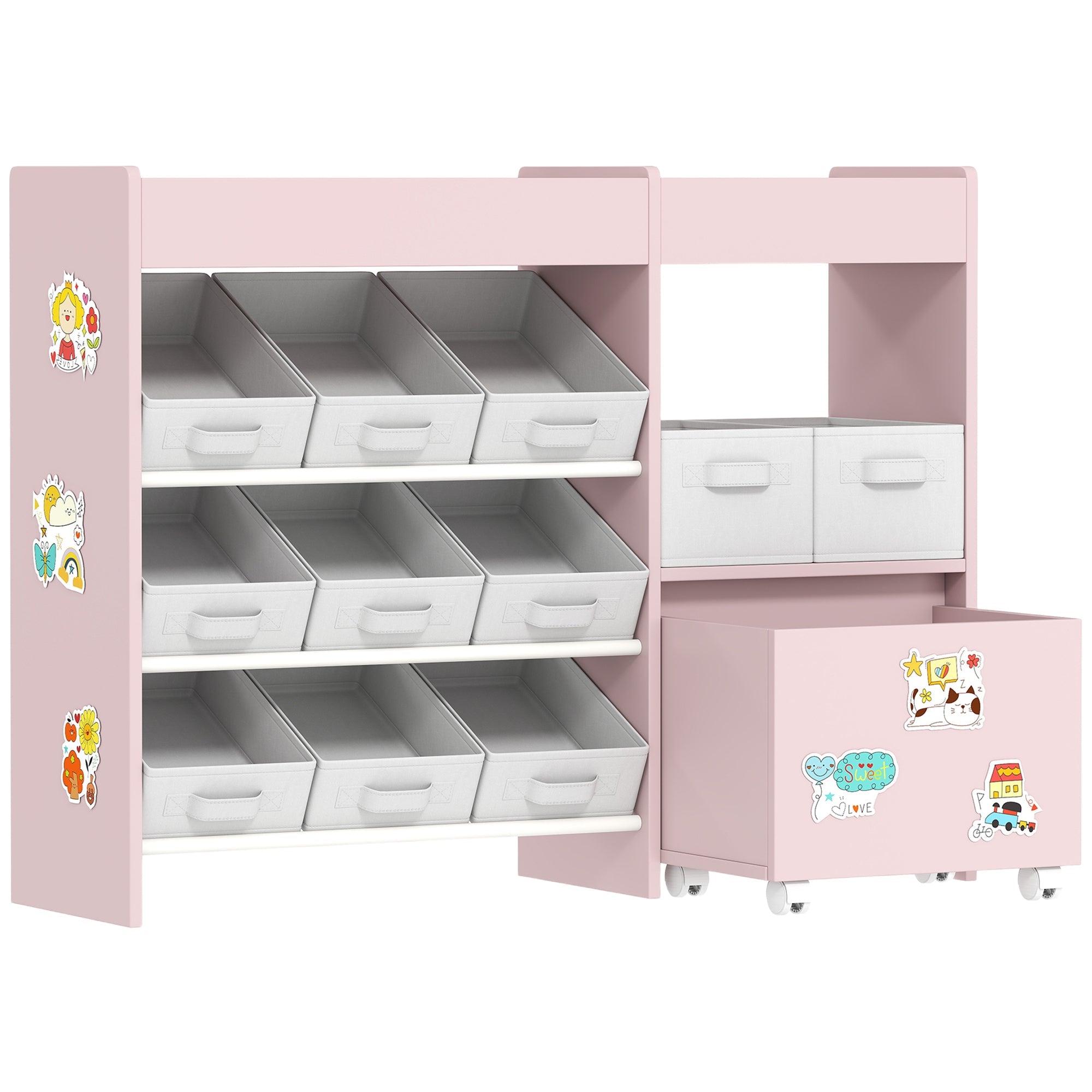 AIYAPLAY Kids Toy Storage Unit with 11 Bins, Cabinet, Top Shelves, 3 Stickers, for Nursery, Playroom, Pink