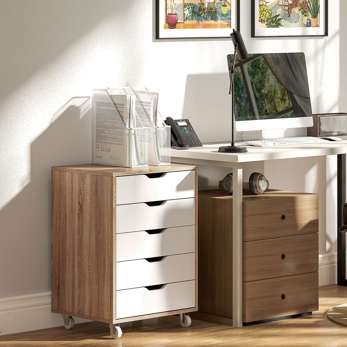 Vinsetto Five-Drawer Filing Cabinet, with Wheels - Oak Brown