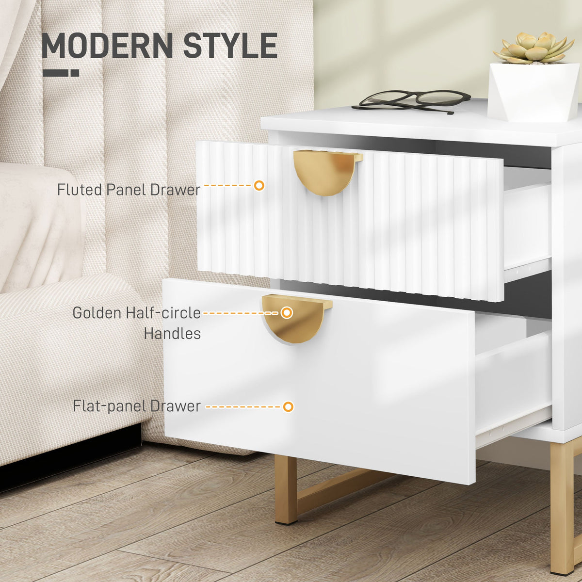 HOMCOM Elegant Two-Drawer Bedside Table - White
