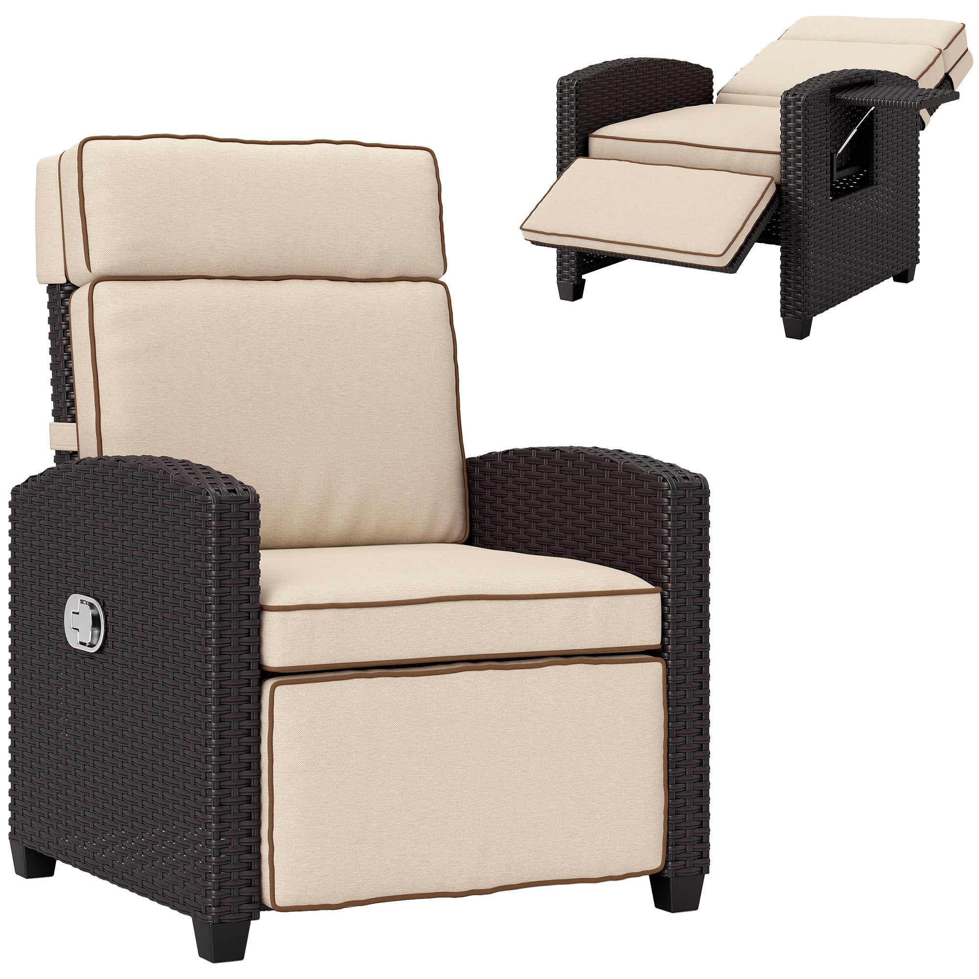 Outsunny 145√Ç¬∞ Reclining Rattan Armchair, with Footrest - Brown/Khaki