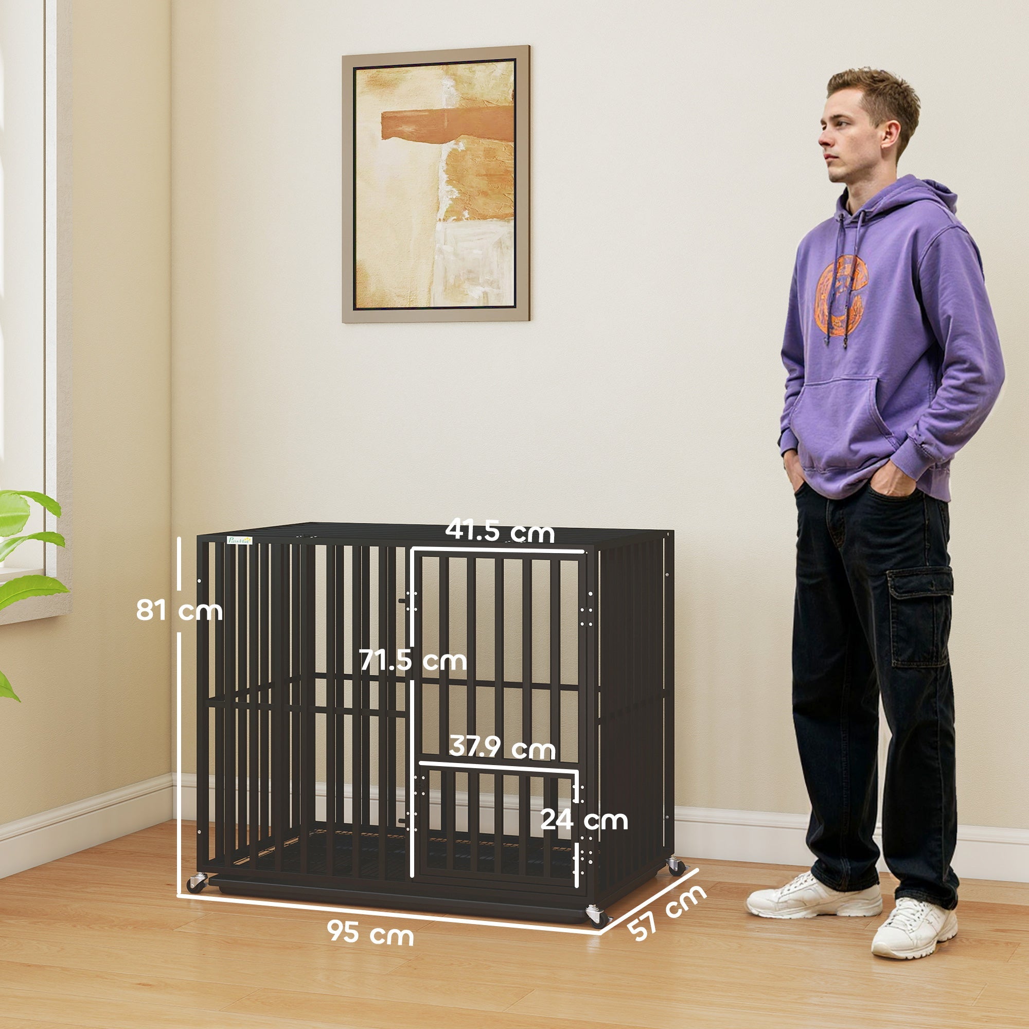 PawHut Heavy Duty Dog Crate, Dog Cage with Wheels for Medium Large Breeds, Metal Pet Kennel with Removable Tray