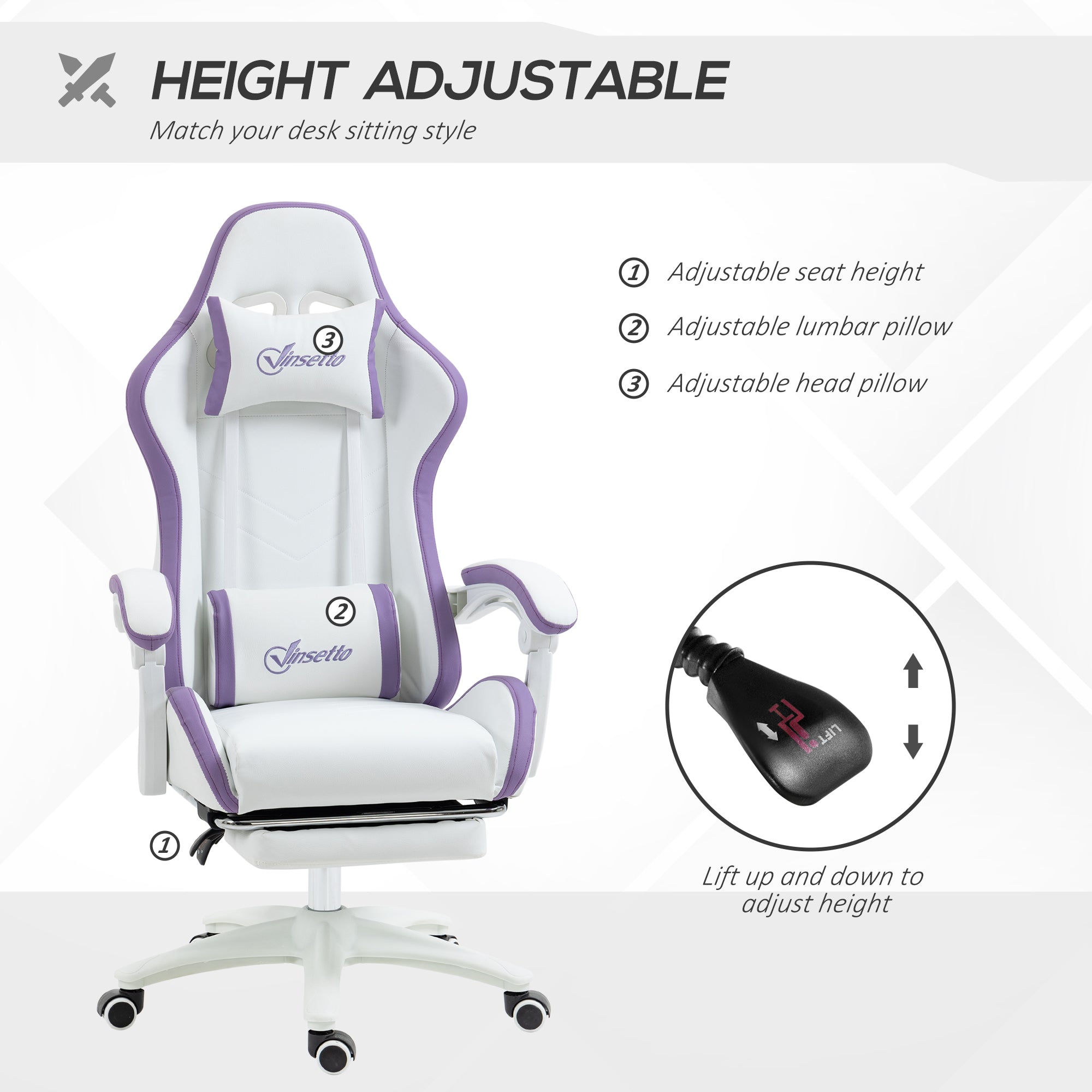 Vinsetto Computer Gaming Chair, PU Leather Office Desk Chair with Footrest, Swivel Wheels, 135√Ç¬∞ Reclining Back, Lumbar Support, Headrest for Home, White and Purple