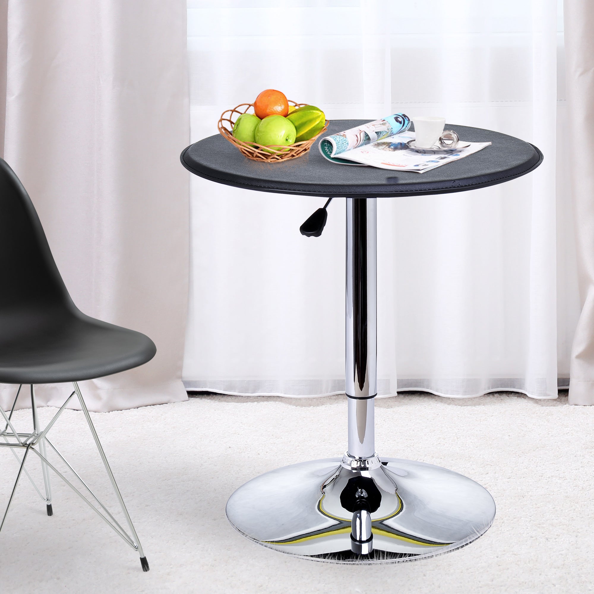 HOMCOM Adjustable Round Bistro Bar Table with PVC Leather Top Steel Base Home Kitchen Dining Desk Black