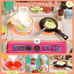 AIYAPLAY Pretend Play Kitchen Set with Realistic Lights & Sounds, 104PCS Toy Kitchen Accessories for Boys and Girls, Pink