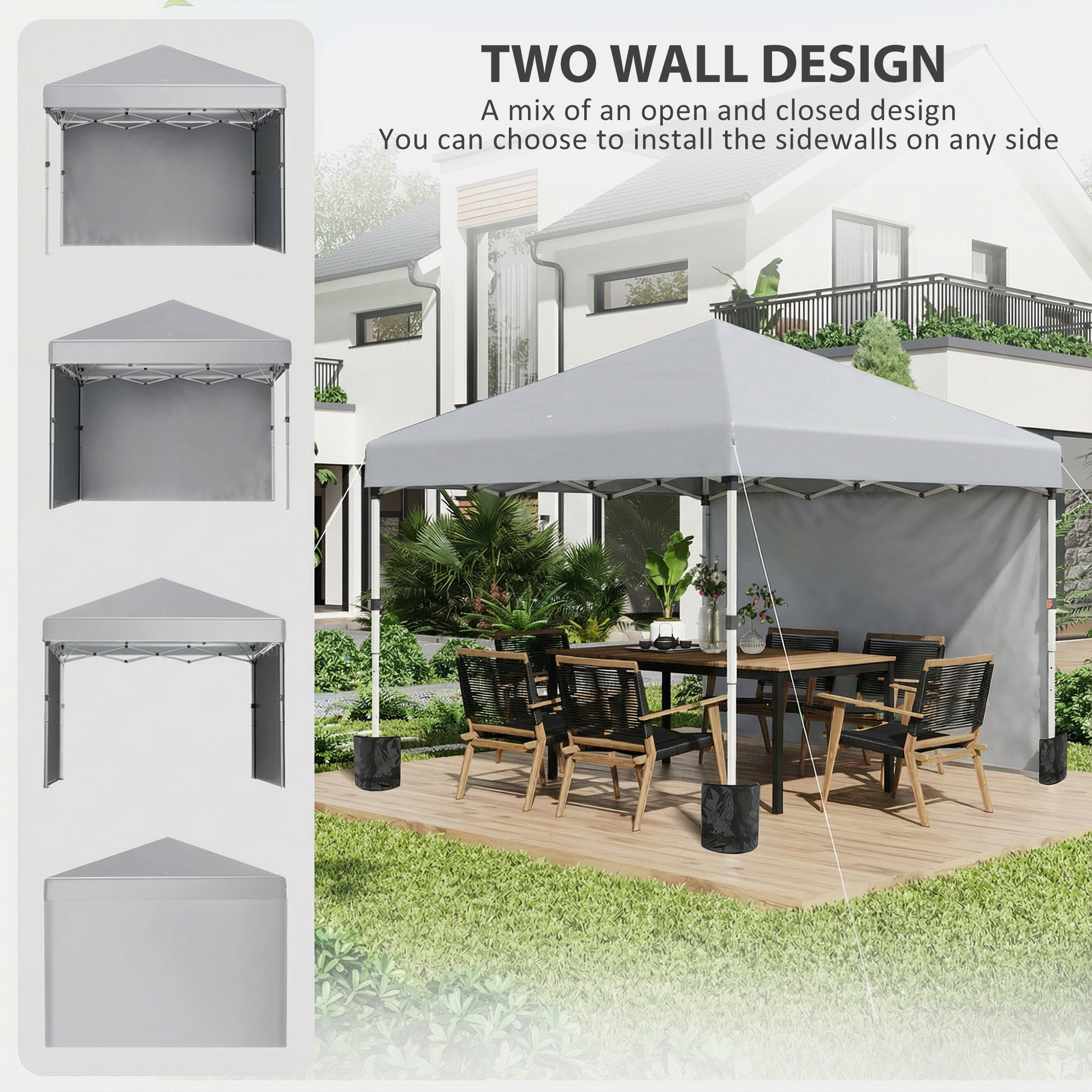 Outsunny 3 x 3 m Pop Up Gazebo, UPF 30+ Party Tent with 2 Sidewalls, Weight Bags and Wheeled Bag, Light Grey