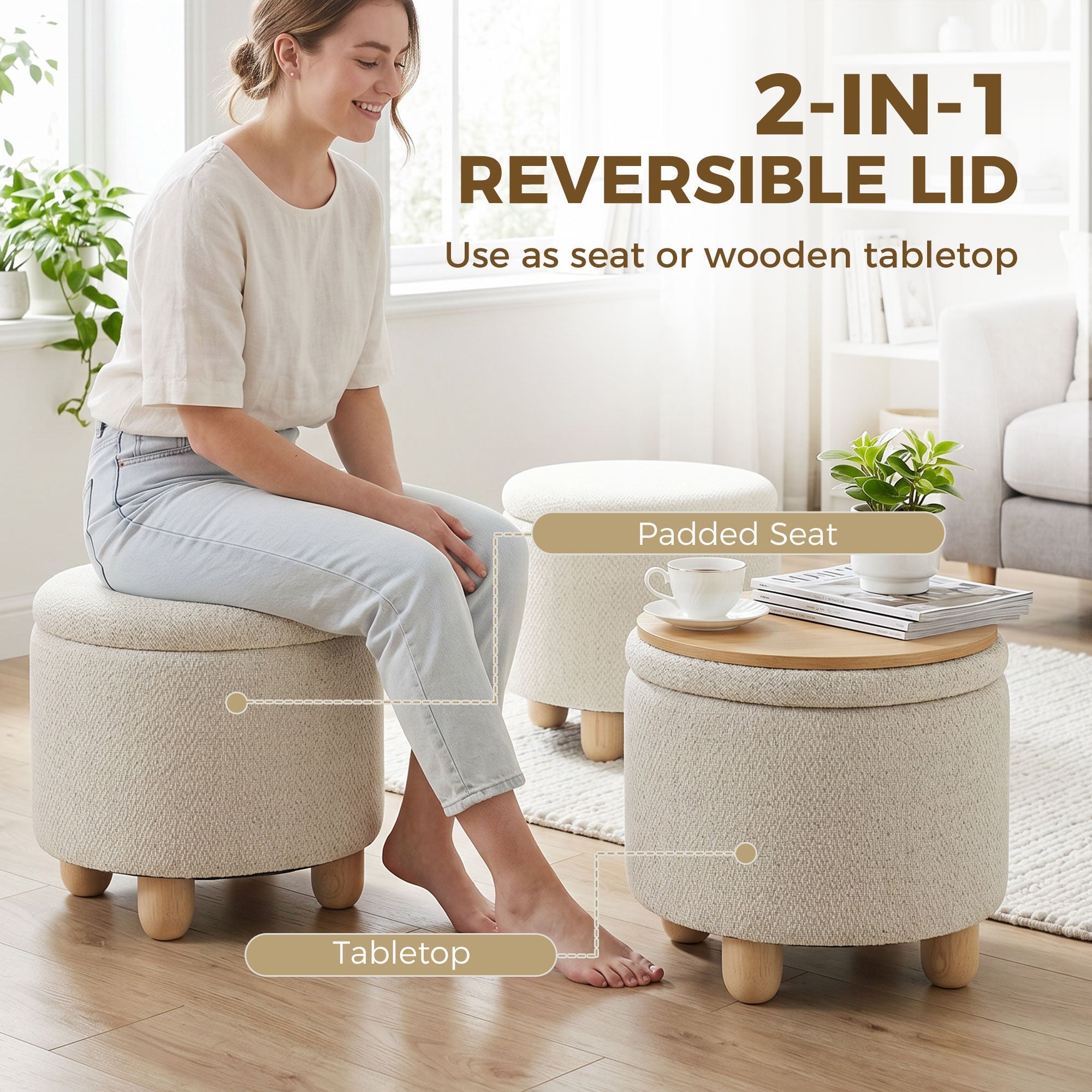 HOMCOM Storage Sitting Bench with Lid, Round Storage Ottoman with Rubberwood Legs, Beige