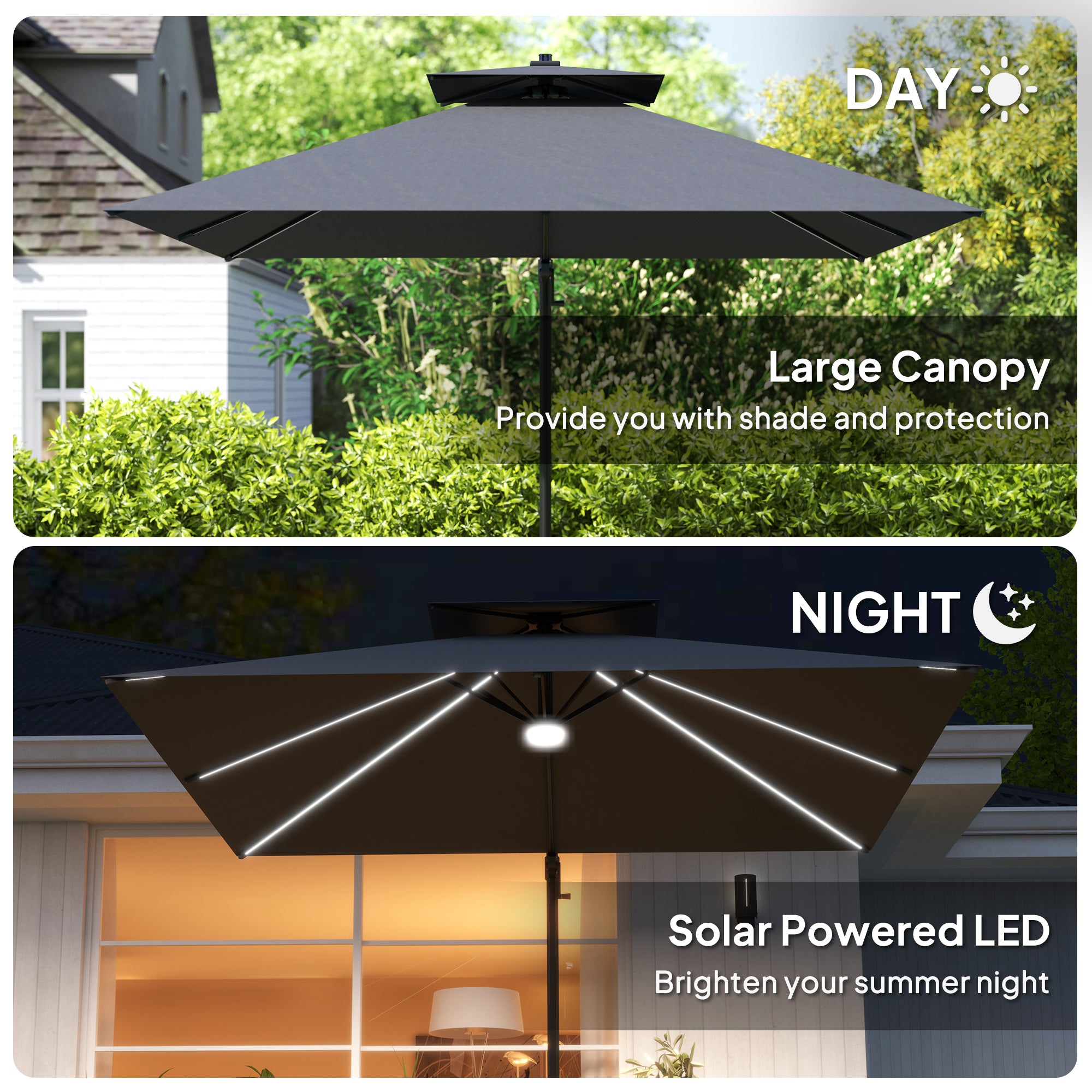 Outsunny 2.5m Cantilever Parasol with Solar Powered LED Lights, 360√Ç¬∞ Rotation, Tilt Adjustment, Crank Handle, Dark Grey