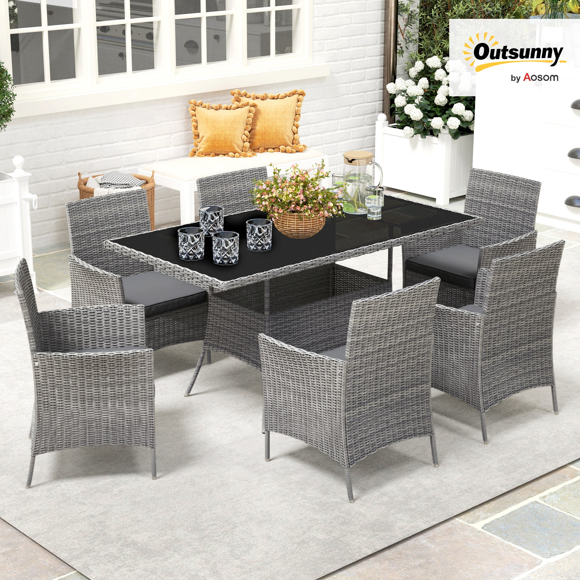 Outsunny 7-Piece Rattan Garden Furniture Set with Cushions, 6 Seater Garden Table and Chairs, Rattan Dining Set with 6 Armchairs, Rectangular Glass Top Table, Charcoal Grey