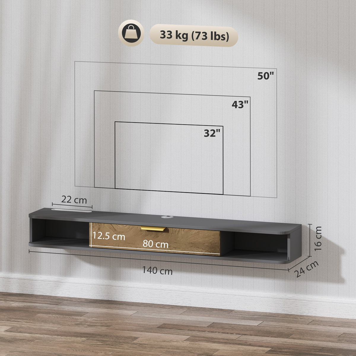 HOMCOM 140 cm Floating TV Stand with Storage - Charcoal Grey