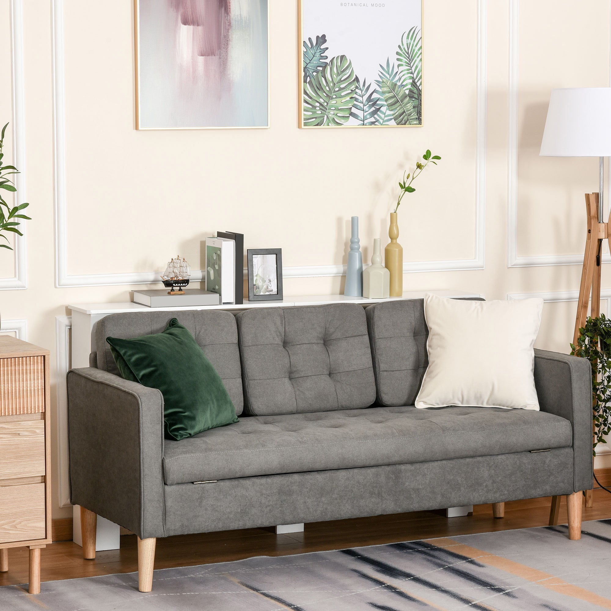 HOMCOM Modern 3 Seater Sofa with Hidden Storage, 169cm Tufted Snow Flannel Couch with Wood Legs, Compact Sofa for Living Room, Grey