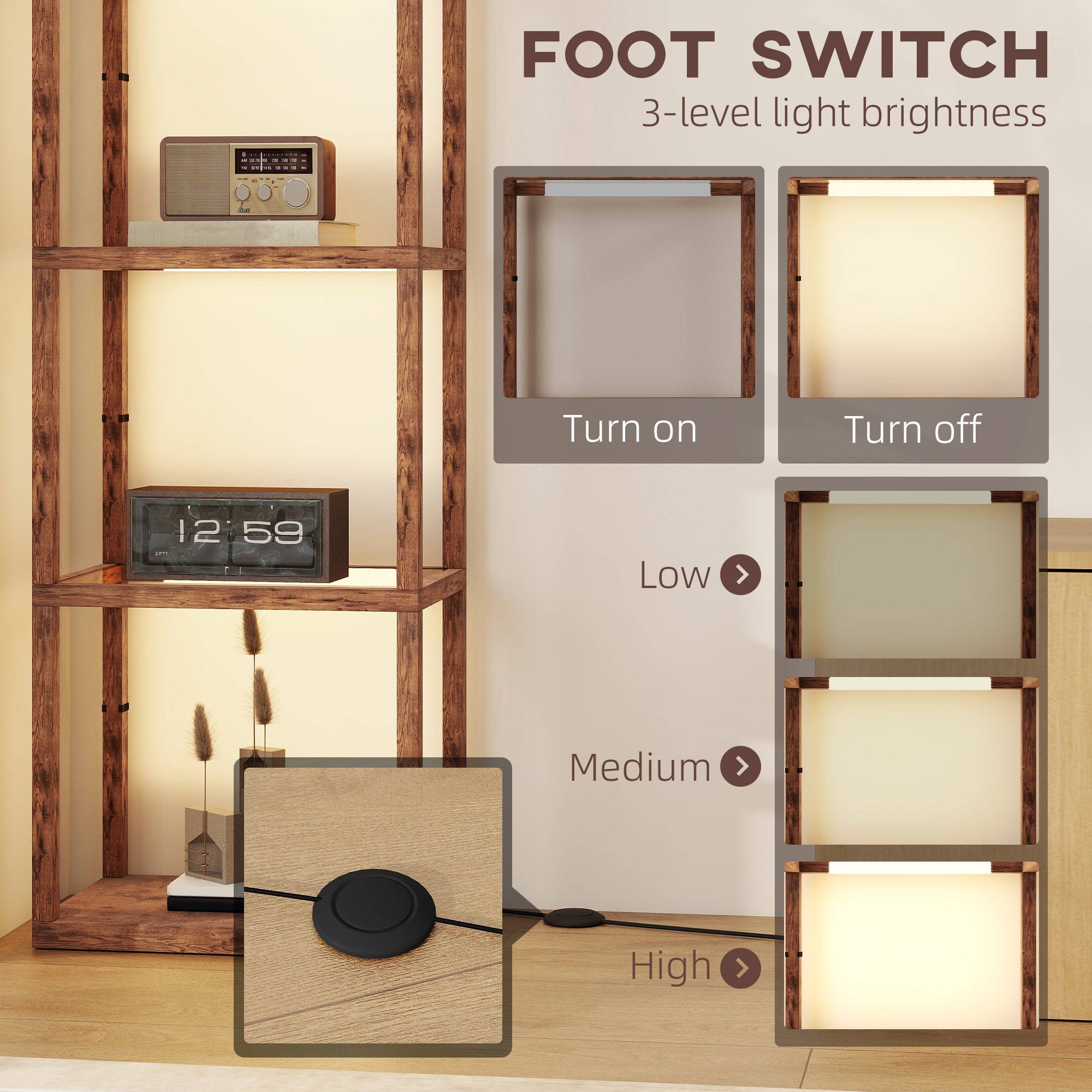 HOMCOM LED Floor Lamp with Glass Shelves, 4 Layers Dimmable Tall Standing Lamp, Modern Column Shelf Floor Light for Living Room, Bedroom, Office, Rustic Brown