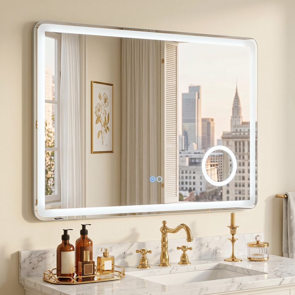The bathroom mirror with anti-fog and 3x magnification fitted above a sink in a stylish bathroom