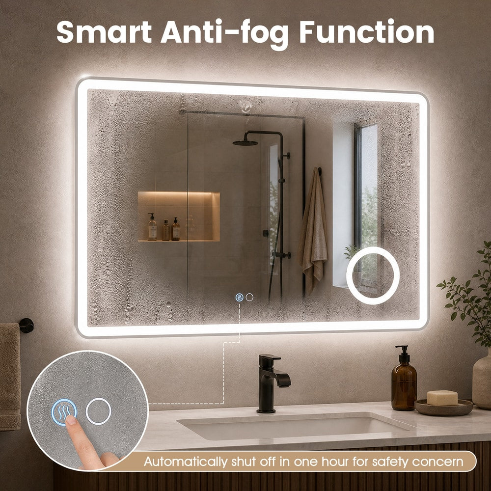 The smart anti-fog function of the LED bathroom mirror with anti-fog and 3x magnification in use