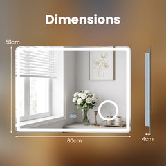 A diagram showing the dimensions of the LED bathroom mirror with anti-fog and 3x magnification
