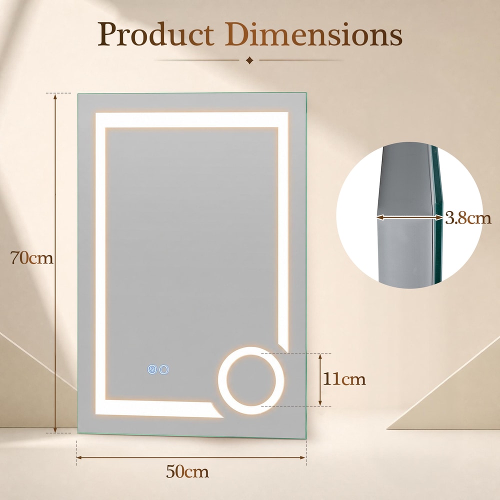 The glass mirror showing technical dimensions and a close-up of the side profile