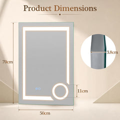 The glass mirror showing technical dimensions and a close-up of the side profile