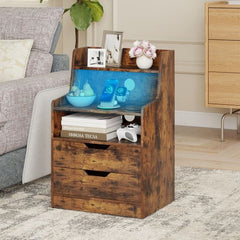 Rustic brown bedside table with open shelf, drawers and integrated charging station, lit with blue LED light
