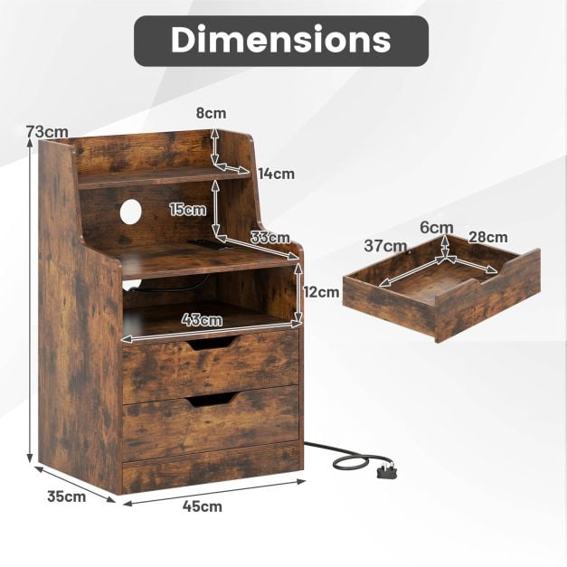 Dimensions diagram for the rustic brown 2-drawer bedside table with open shelf