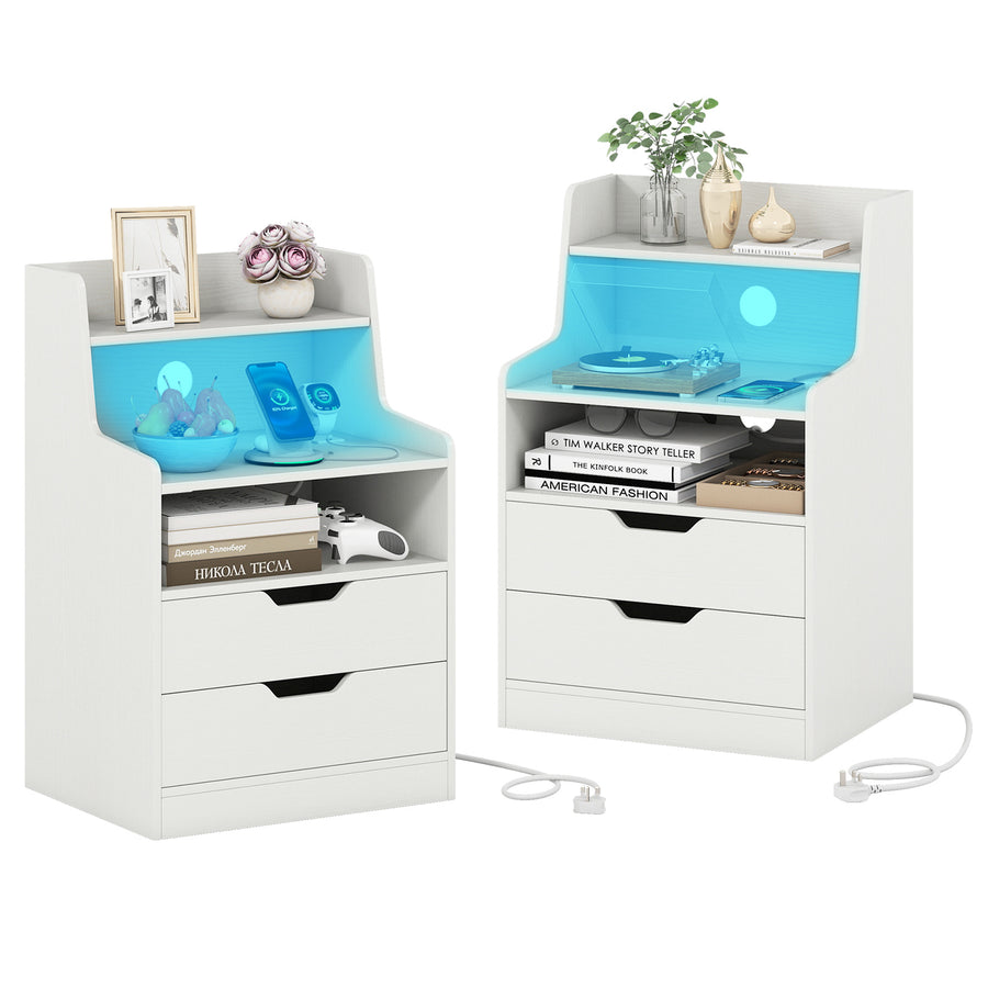 LED Nightstand with Charging Station 2-Drawer Bedside Table with Open Shelf Set of 2-White