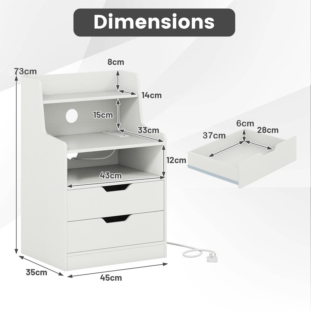 The nightstands with annotated arrows showing the height width and depth measurements