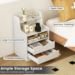 The bedside tables with labels pointing to the open shelf tabletop and two handy drawers
