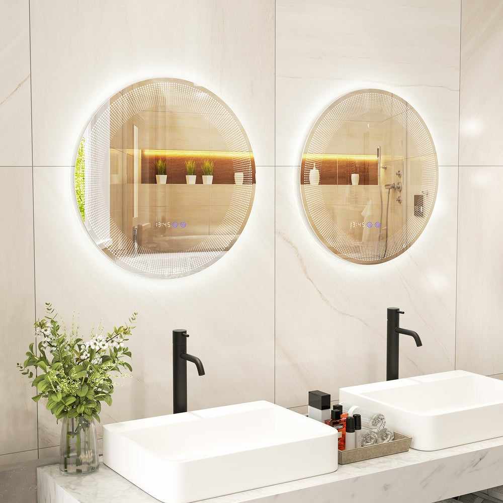 Two identical round mirrors hanging side by side above a double vanity unit in a bathroom