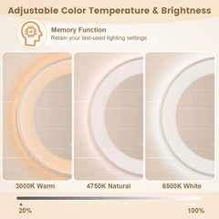 The circular mirror demonstrating three different light colour settings and brightness levels