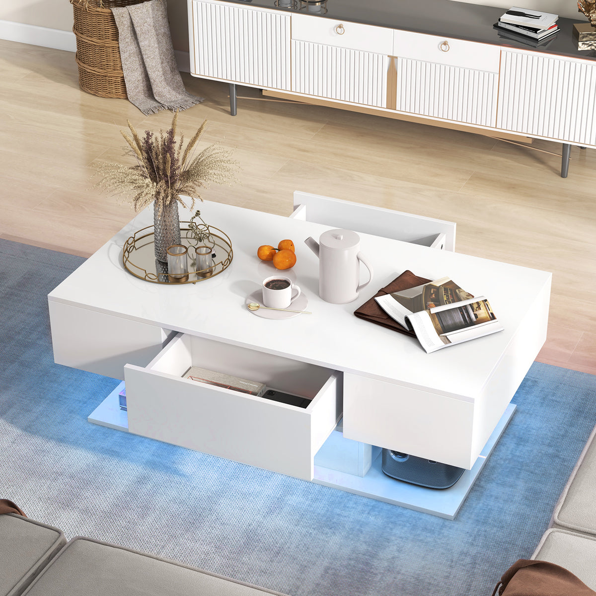 LED Coffee Table with 2 Drawers and Remote Control-White