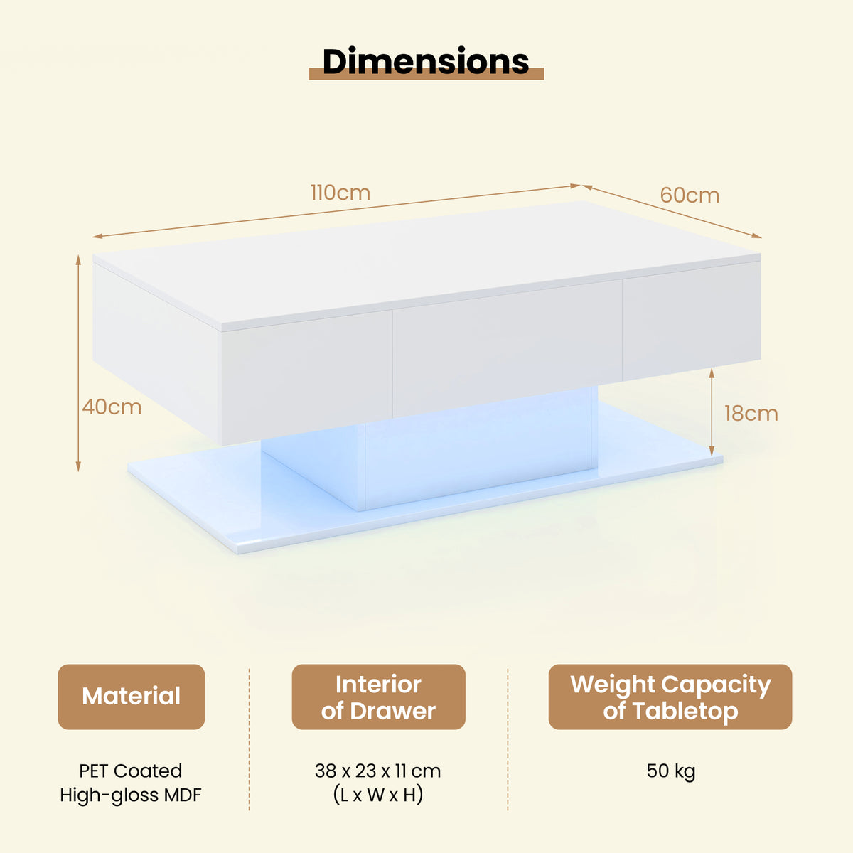 LED Coffee Table with 2 Drawers and Remote Control-White
