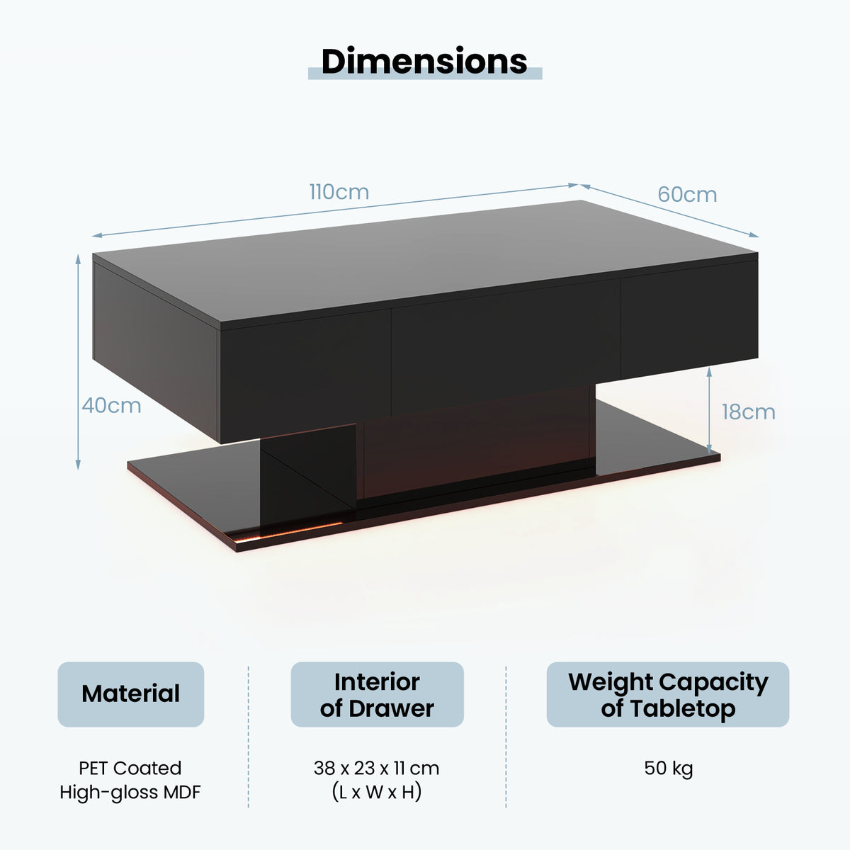 LED Coffee Table with 2 Drawers and Remote Control-Black