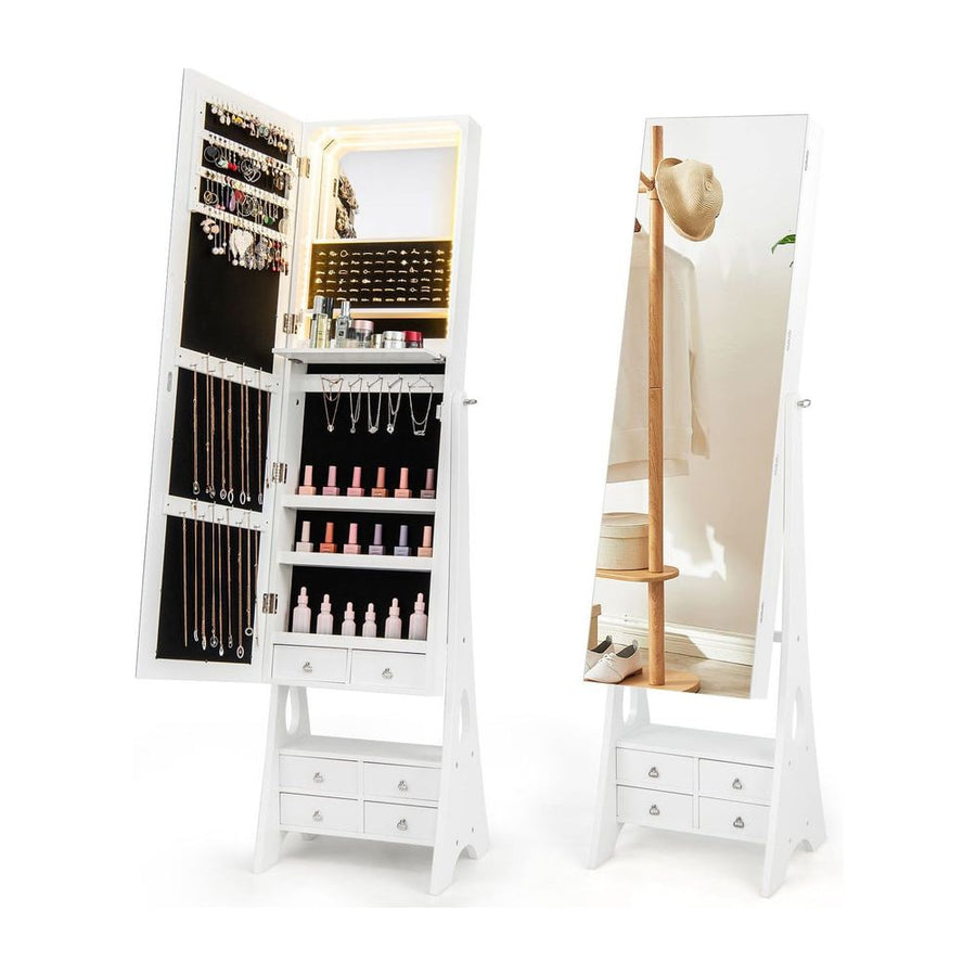 3-Color LED Lighted Jewelry Cabinet with Full-Length Mirror and Adjustable Tilt Angles-White