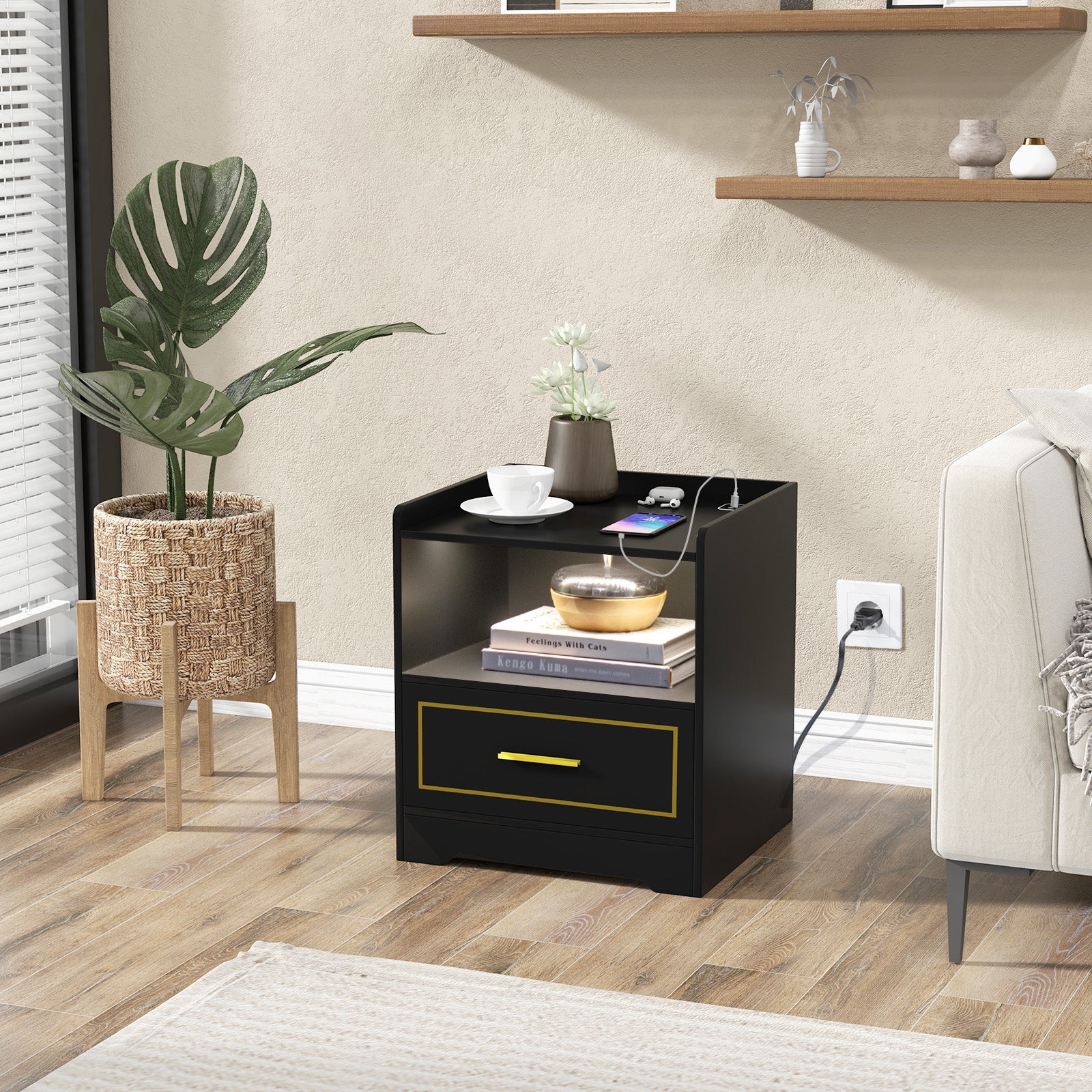 LED Nightstand with USB and Type-C Port-Black