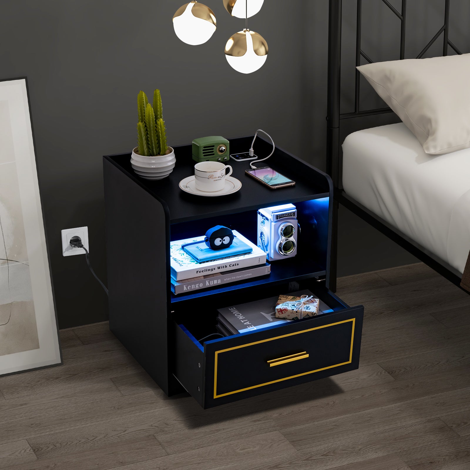 LED Nightstand with USB and Type-C Port-Black