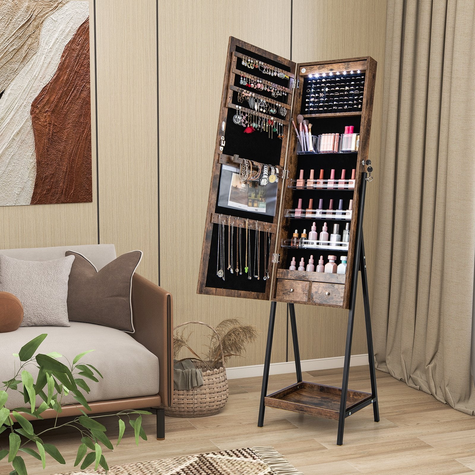 LED Standing Jewelry Mirror Cabinet with 3-Color Lighted Full-Length Mirror-Rustic Brown