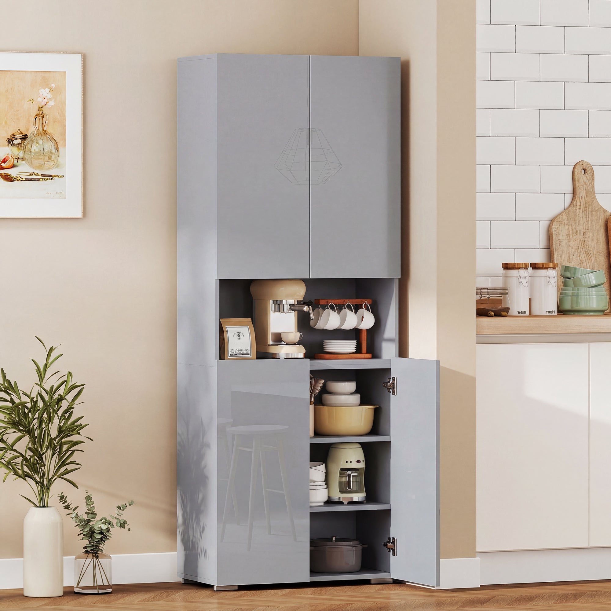 HOMCOM 180 cm Tall Kitchen Cupboard, Pantry Storage Cabinet with Soft Close Doors and Adjustable Shelves, High Gloss Grey