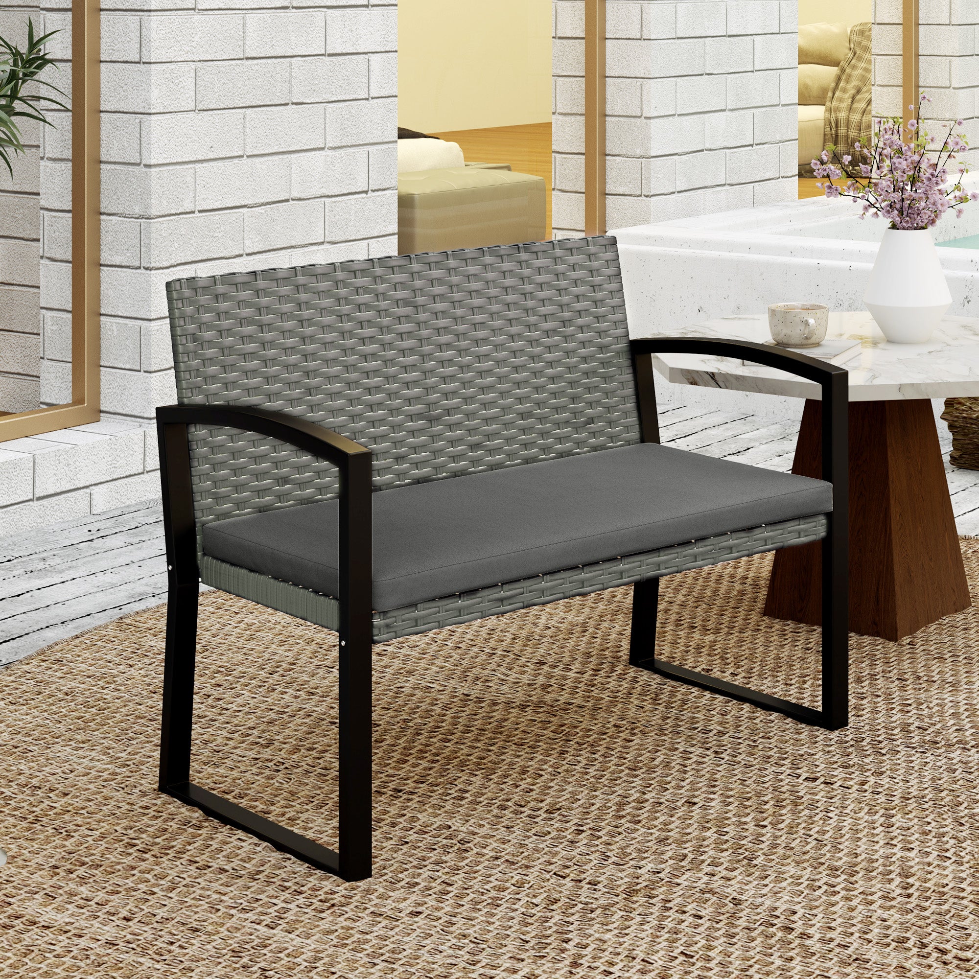 Outsunny Two-Seater Rattan Garden Bench - Grey/Black