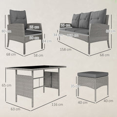 Outsunny 7 Seater Rattan Garden Furniture Set, 6 Piece Patio Dining Set, Armchairs, 3-Seater Sofa, Footstools, Glass Dining Table, Cushions, Wicker Outdoor Furniture for Conservatory Patio, Grey