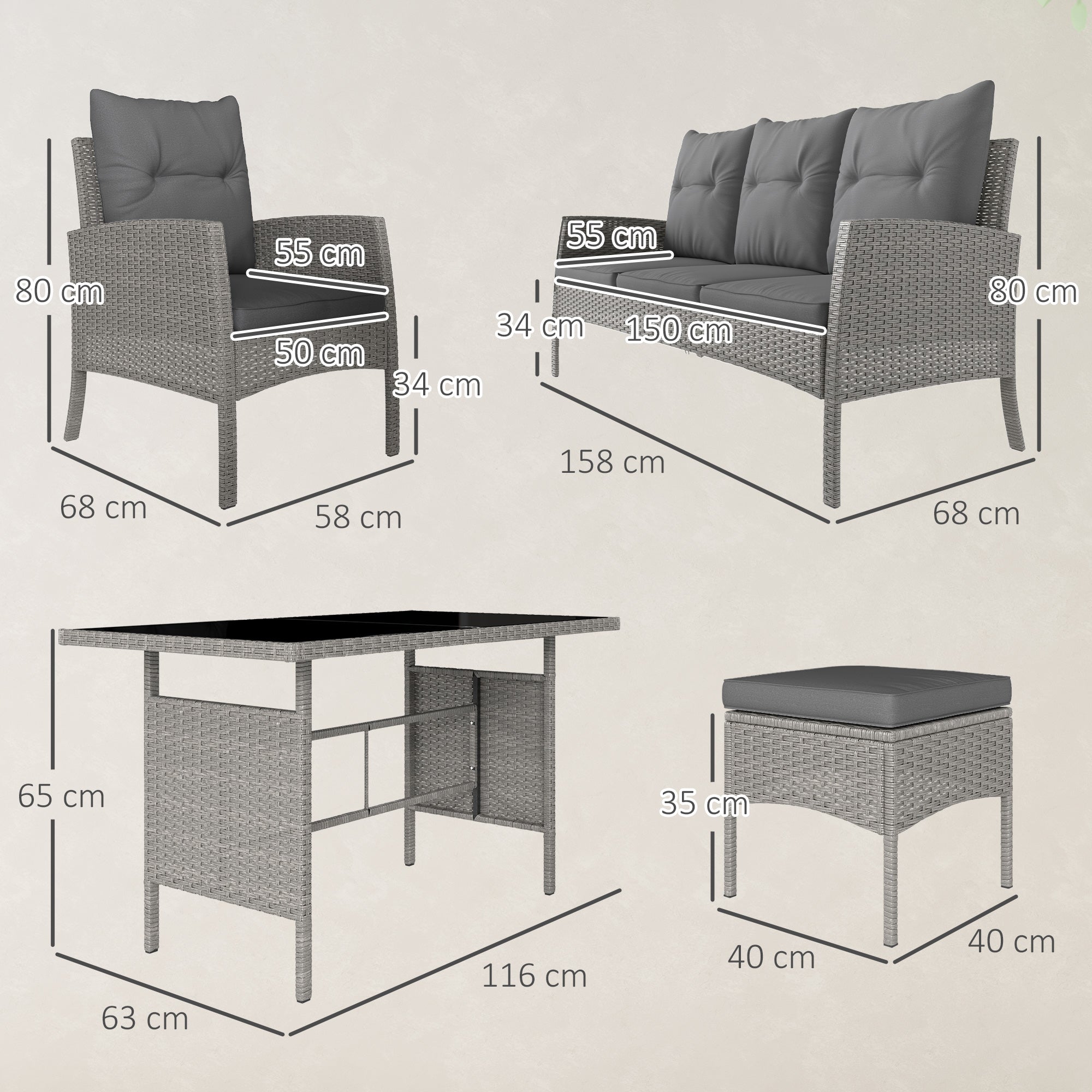 Outsunny 7 Seater Rattan Garden Furniture Set, 6 Piece Patio Dining Set, Armchairs, 3-Seater Sofa, Footstools, Glass Dining Table, Cushions, Wicker Outdoor Furniture for Conservatory Patio, Grey
