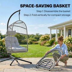 Outsunny Hanging Egg Chair, Indoor Outdoor Hammock Swing Chair with Stand, Safety Strap, Foldable Basket, Light Grey