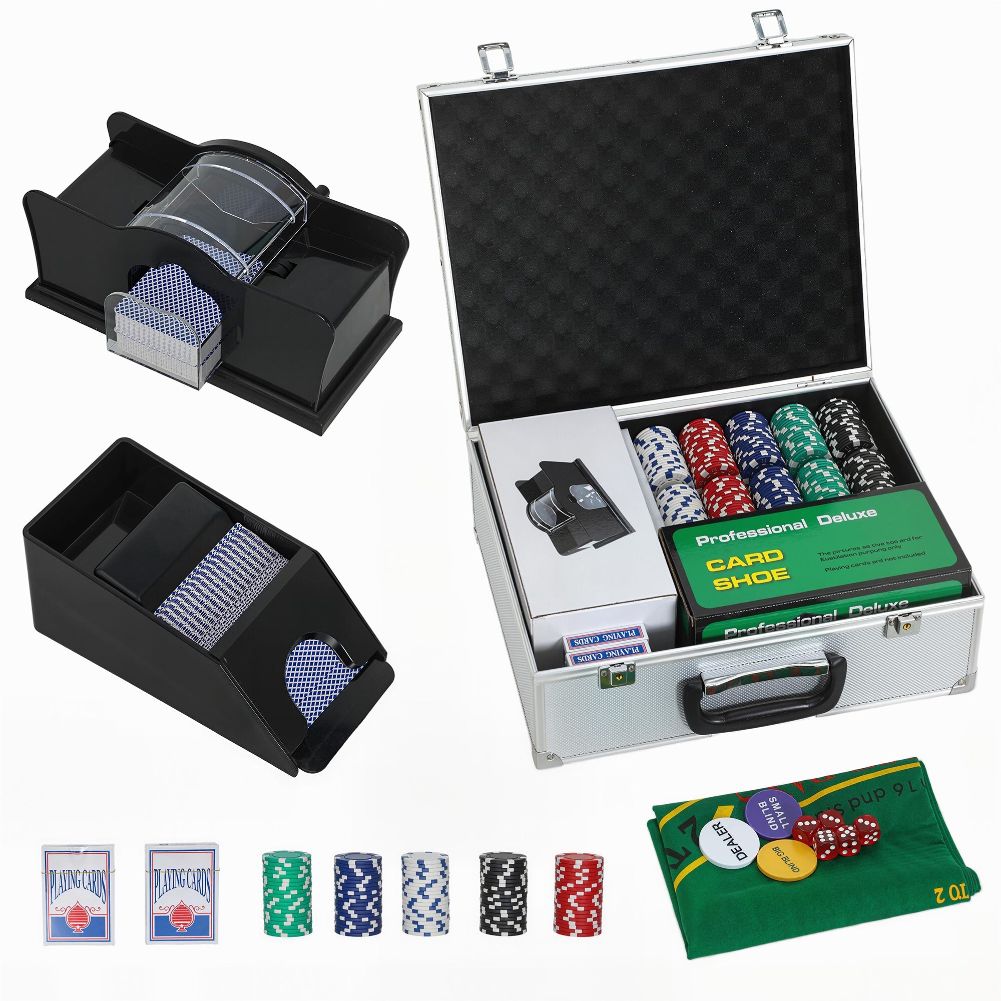 SPORTNOW 300-Piece Poker Chips Set with Card Shuffler, Card Shoe, Case, Casino Texas Holdem Poker Set with Mat, Silver Tone