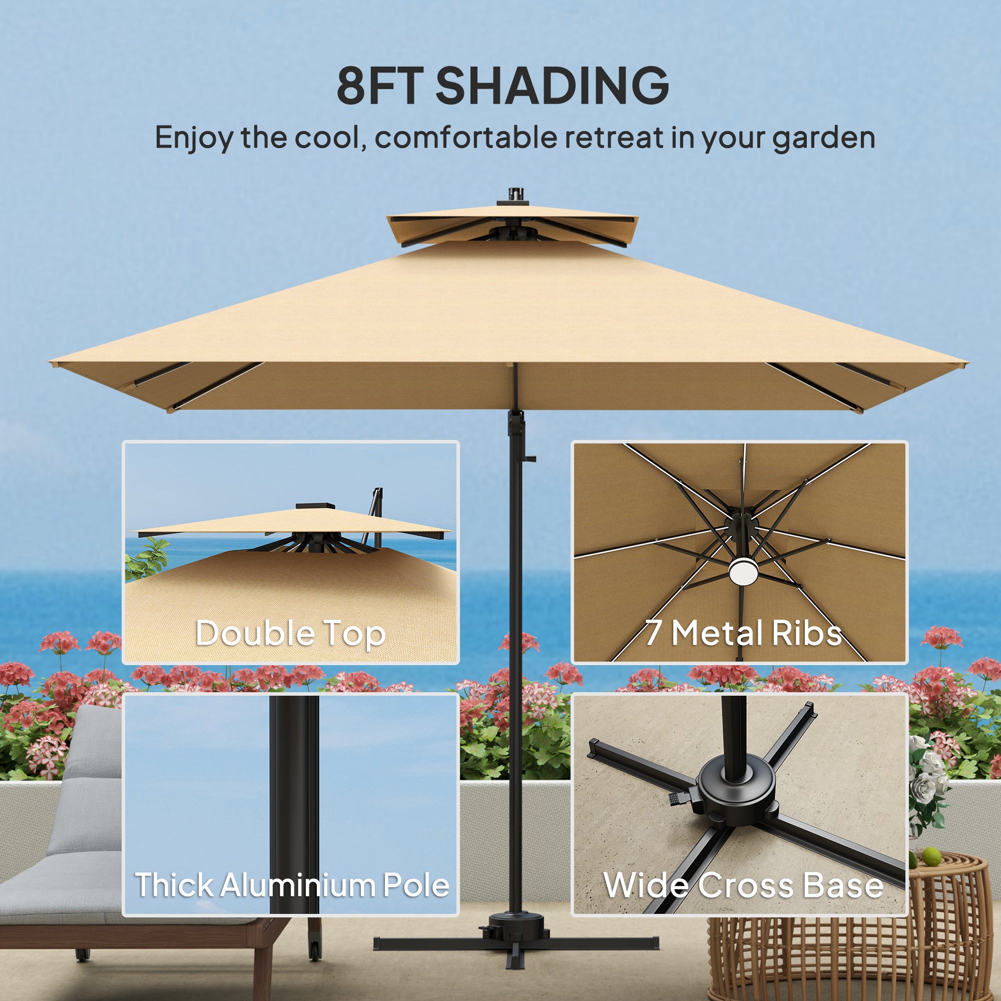 Outsunny 2.5m Cantilever Parasol with Solar Powered LED Lights, 360√Ç¬∞ Rotation, Tilt Adjustment, Crank Handle, Khaki