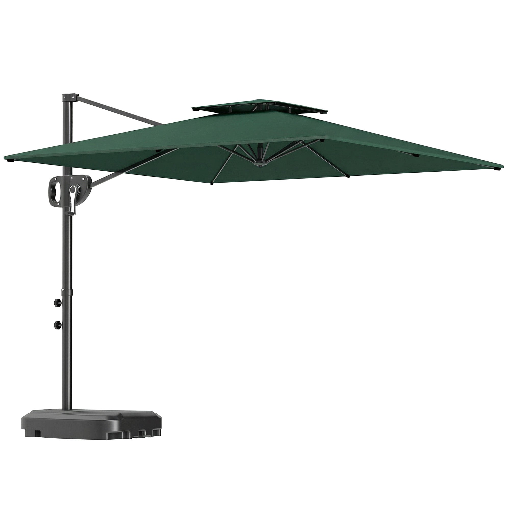 Outsunny Cantilever Parasol with Weighted Base Double Top Garden Parasol Square Hanging Patio Umbrella with Crank Tilt Dark Green