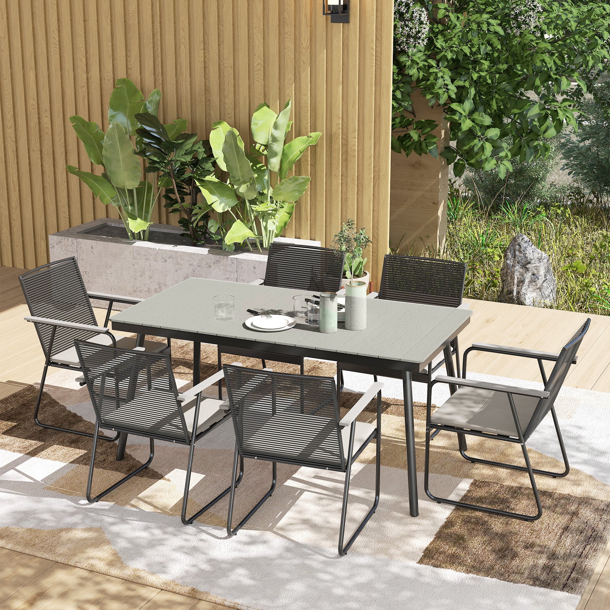 Outsunny 6 Seater Garden Dining Set with Soft Cushions, Rattan Backrest, Rectangular Plastic Top, Garden Furniture Set, Outdoor Dining Table and Chairs for Patio, Balcony, Poolside, Grey