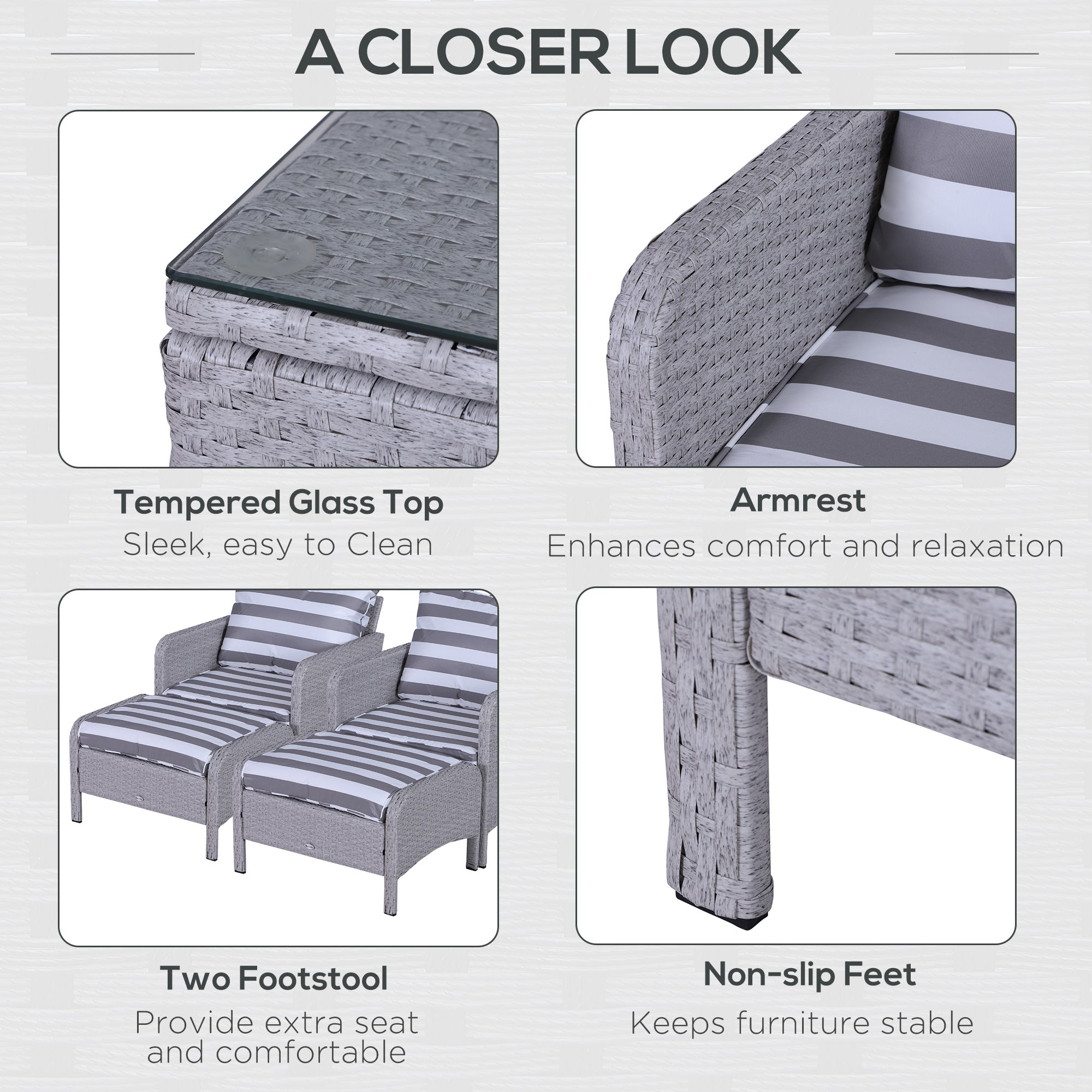 Outsunny 5 Pieces PE Rattan Garden Furniture Set with 10cm Thick Padded Cushions, Wicker Weave Outdoor Seating Chairs with 2 Armchairs, 2 Stools, Glass Top Table, Grey and White