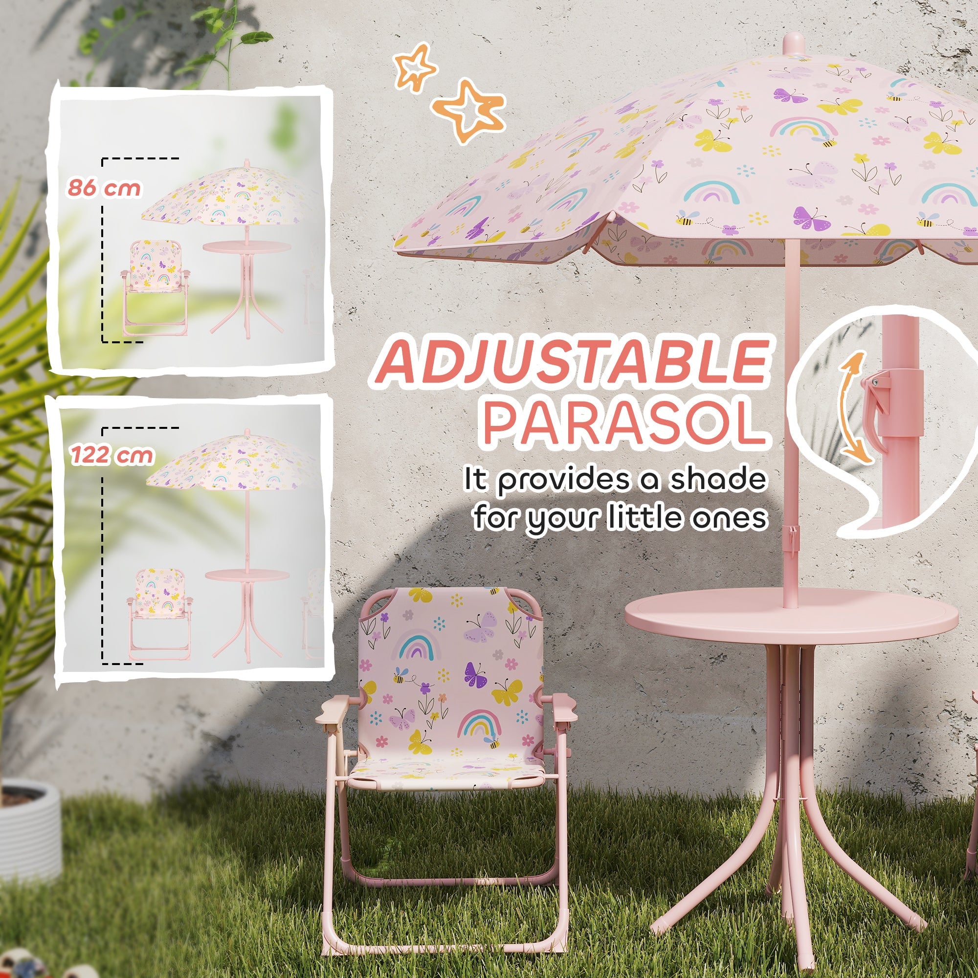 AIYAPLAY 4-Piece Kids Garden Table and Chair Set with Adjustable Parasol, Folding Chairs, Table, Rainbow Pattern, Pink