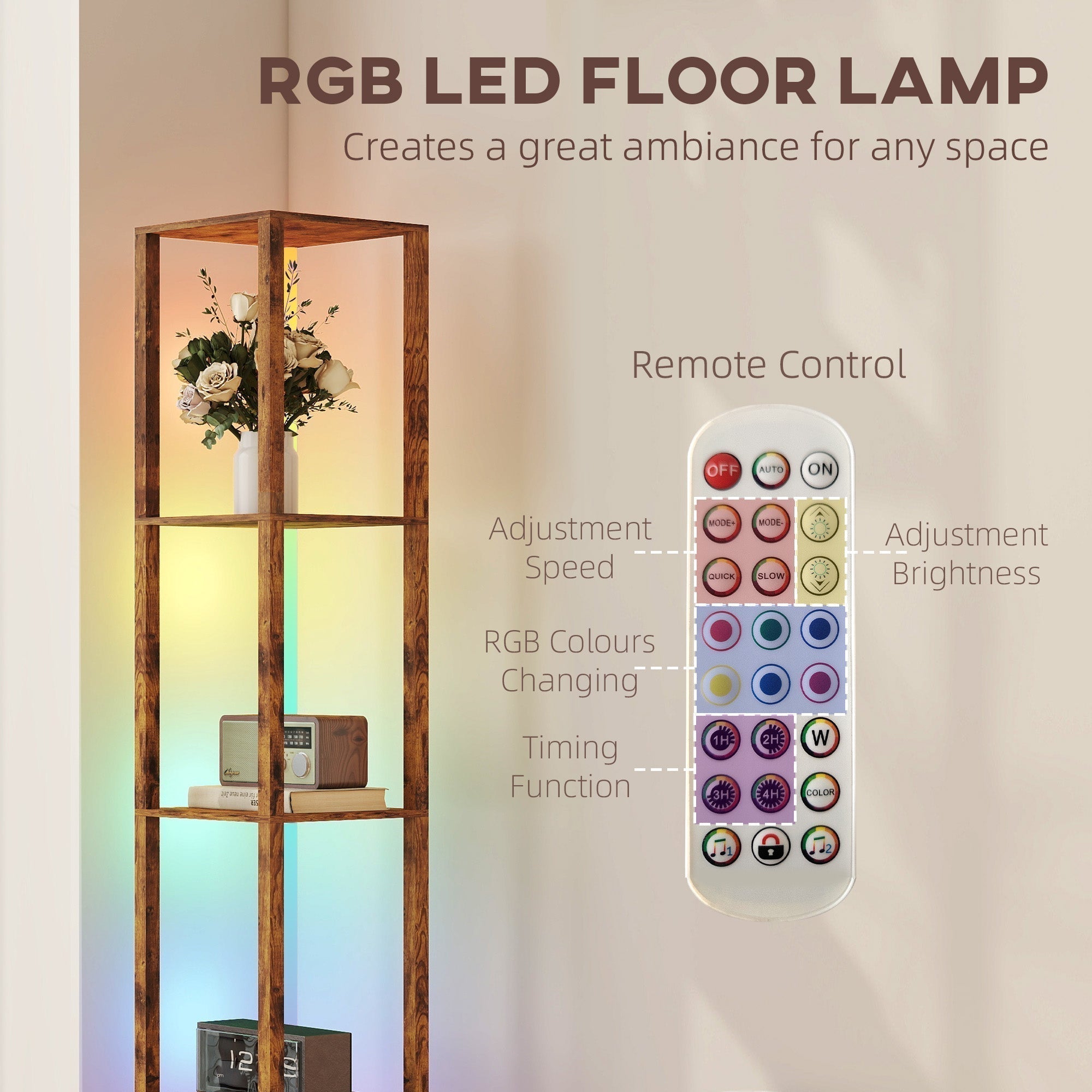 HOMCOM RGB LED Floor Lamp with Shelves, Modern Dimmable Standing Lamp with Remote Control, Adjustable Brightness & Speed for Living Room, Bedroom, Office, Rustic Brown