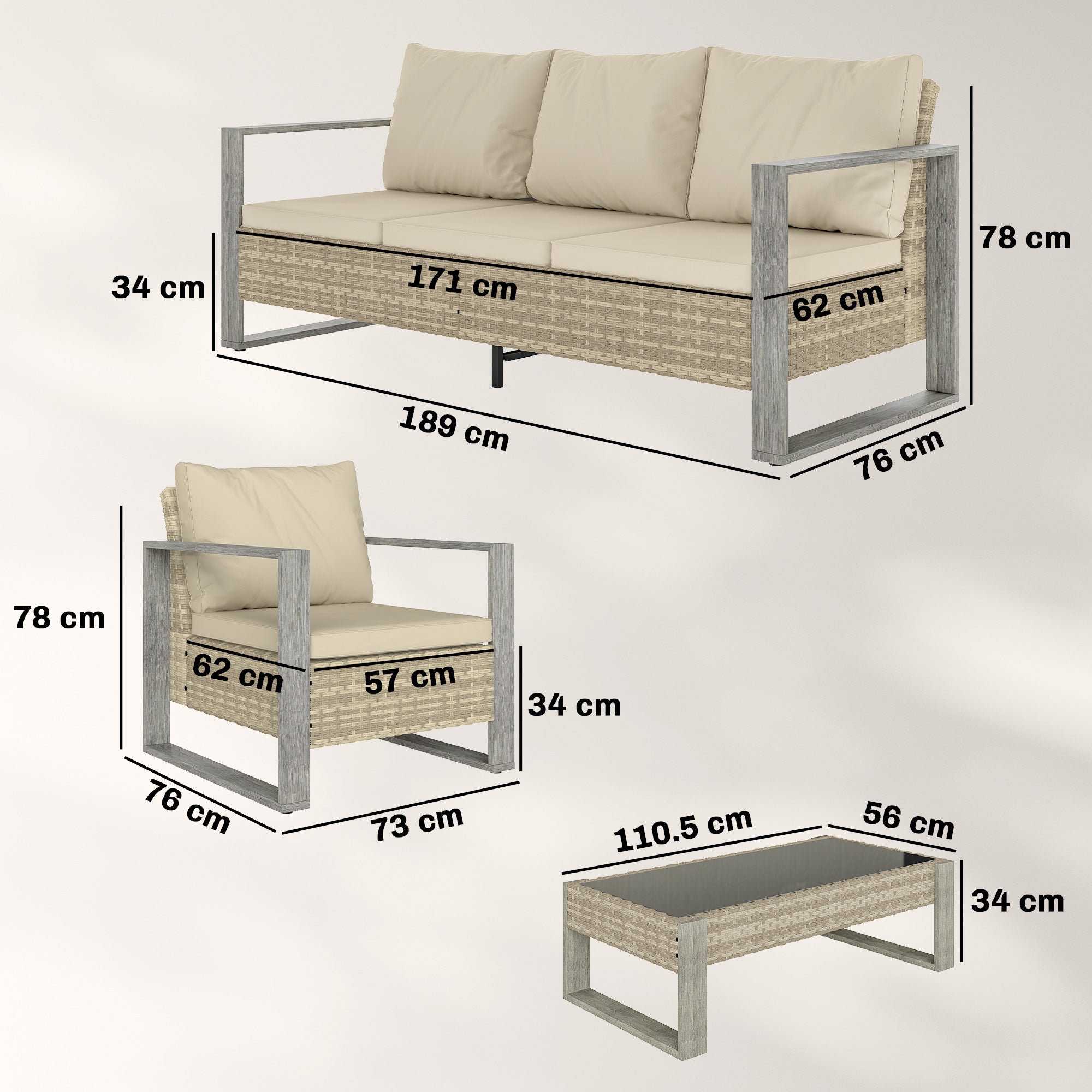 Outsunny 4 Piece Rattan Garden Furniture Set with 3-Seater Sofa, Armchairs, Table, Aluminium Frame Patio Conversation Set, Khaki