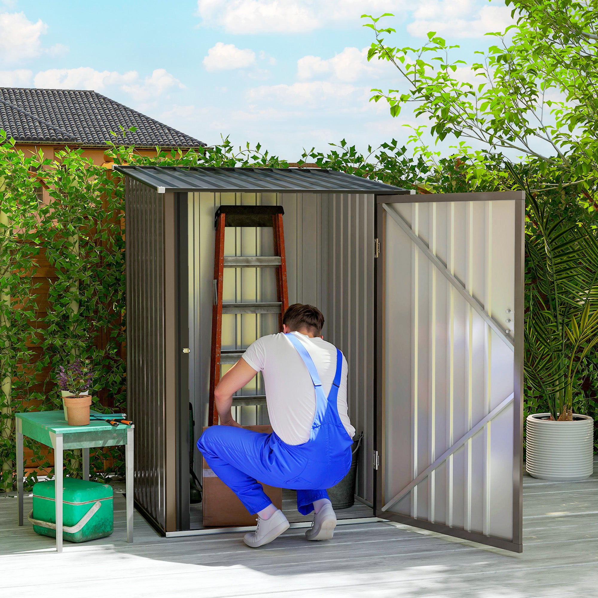 Outsunny 3.3 x 3.4ft Lean To Steel Garden Shed, with Locking Door - Brown/Grey