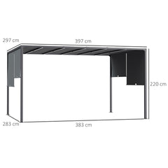 Outsunny 3(m) x 4m Metal Pergola with LED Lights, Outdoor Garden Pergola with Sliding Roof, Solar Powered, for BBQ, Lawn, Dark Grey